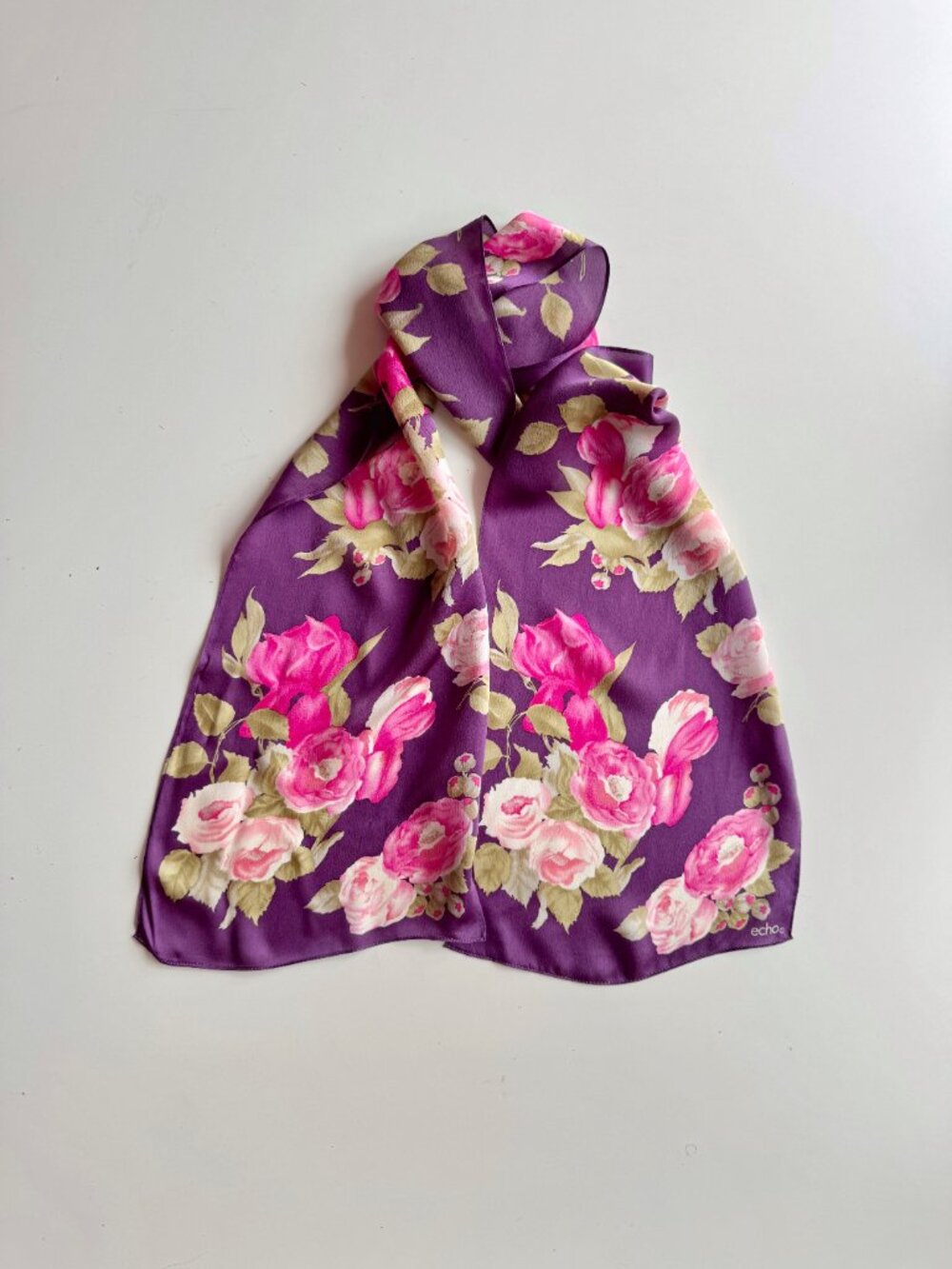 Vintage ECHO Purple Pink Floral Print Silk Charmeuse 59" x 9.5" Rectangle Scarf - Picture 2 of 9